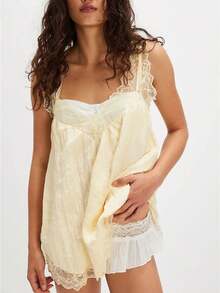 Womens Lace Trim Flowy Tank Top Boho Lace V Neck Sleeveless Camisole Tops Backless Beach Vacation Going Out Vest - Màu vàng - Xem 1