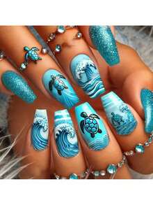 24-Piece Wearable Medium-Length Ballet Blue Turtle Print Removable Press-On Nails, Reusable False Nails, Suitable For Women's Parties, Dances, And Daily Use. Party Nails, Special Occasion Nails, Gradient Patterns, Reusable Nails, Press-On Nails, Stick-On Nails, Nail Stickers, Beauty Lovers, Nail Art Enthusiasts - 藍色 - 查看 2