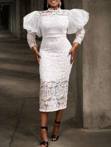 Women's Stylish White Lace Midi Dress - High Neck Puff Sleeves, Elegant Chic For Weddings, Evening Parties & Formal Occasions - 白色 - 查看 2