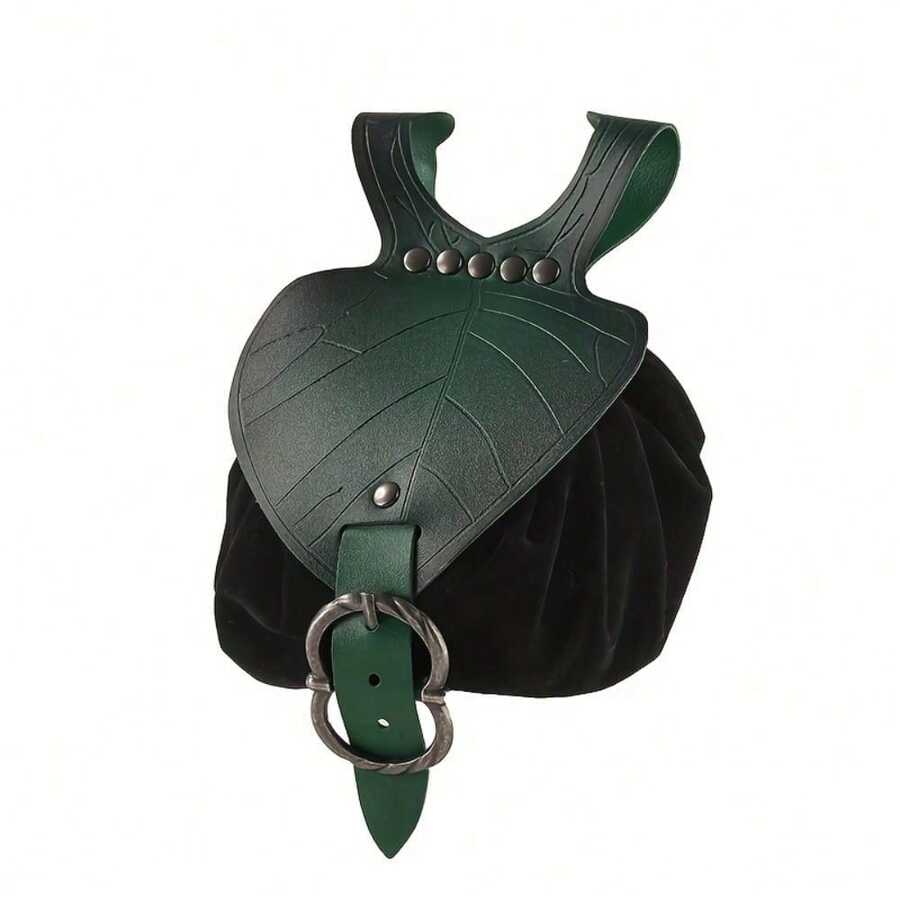 Medieval Renaissance Festival Synthetic Leather Coin Purse Fanny Pack, Leaf Waist Bag Portable Pouch With Drawstring, Vintage Belt Bag Suitable For LARP Ren Faire Halloween Costume Accessories - B - View 1