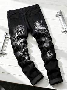Men's Black Japanese Samurai Dragon Pattern Tight Elastic Jeans - Street Style Punk Denim Pants, Anime Splicing Printed Jeans - Black - View 2