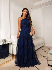 Lightweight And Flowing Fabric With A Perfect, Elegant Drape. Suitable For Parties, Asymmetrical Design, Ruffled Hem, And Layered Details. Perfect For A Wedding Or Beach Wedding. - Azul Marinho - View 1