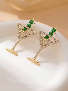 2pcs Personalized Rhinestone Champagne Glass & Cocktail Glass Earrings, Fashionable & Elegant, Suitable For Women's Daily Wear - Jewelry Set - View 3