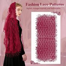 - Bufanda rectangular con velo de encaje para mujer, Mantilla cristiana, oracin, larga envoltura, nupcial, boda - Rojo - Ver 2