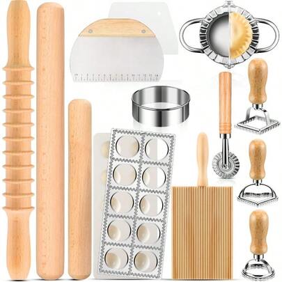 14 Pieces Pasta Making Tools Set Ravioli Mold Set Ravioli Maker With Roller Wheel Ravioli Cutter Set With Wooden Handle Pasta Making Kit For Ravioli Press Mold. Suitable For Home And Beginners