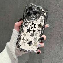 Este estuche perfecto para el 16, con un diseño de ondas de crema electroplatinado y un patrón de estrellas negras y blancas, un estuche protector elegante y duradero, lo que lo convierte en un regalo excelente para los seres queridos, compatible con modelos de 16, 15, 14, 13, 12 y 11 Pro, (impresión 2D) - Plateado - Ver 2