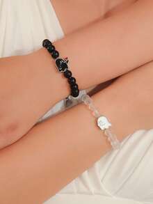 ATLVXJL 2pcs/Set Couple Glow-In-The-Dark Heart & Elf Finger Heart Black Transparent Bead Bracelet Set, Couple Jewelry For Daily Wear And Valentine's Day Gift - Multicolor - View 2