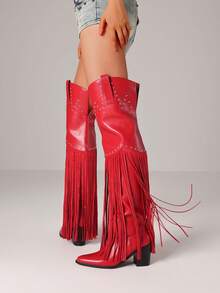 Women's Fringe Pointed Toe Thigh High Western Cowboy Boots Fashion Rivet Chunky High Heels Side Zipper Vintage Over The Knee Cowgril Boots For Woman - 紅色 - 查看 2