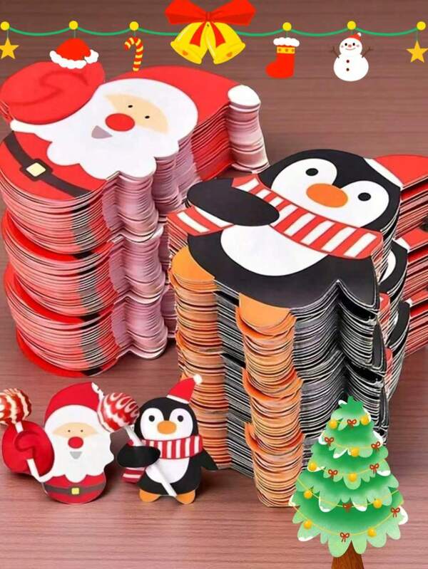 50 piezas Tarjeta de Piruleta Navideña - Diseñada para Papá Noel, Pingüinos y Muñecos de Nieve, con un lazo a cuadros rojos y blancos, perfecta para regalos de Navidad, regalos de fiesta, comunicación en el aula y decoraciones navideñas