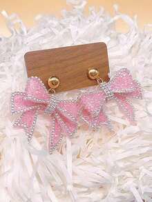 2pcs Fashionable Cute Big Bow Dangle Earrings With Sparkling Pendants, Pink Earrings Suitable For Daily Wear, Parties & Gatherings - Hồng - Xem 4