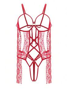 1pc Lace Belted Bowknot Sexy Bodysuit For Women, Backless Lingerie With Bondage Element, Perfect, Valentine's Day, Anniversary, Date, Gift, Honeymoon, Baddie Look - 紅色 - 查看 11