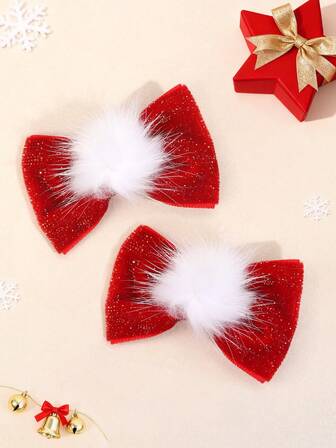 2个红色闪亮发夹，白色绒球蝴蝶结鳄鱼夹，优雅闪亮素面发卡，圣诞节假日礼物，可爱蓬松毛绒发夹，青少年发饰