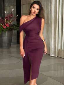 CurvySweet Elegant Sexy Burgundy One-Shoulder Bodycon Midi Dress With Front Slit And Draped Satin Sash Hem, Perfect For Night Out, Date Night, Cocktail, Wedding Guest, Birthday, Anniversary, Formal Dinner, Prom, Vacation - 酒紅色 - 查看 8