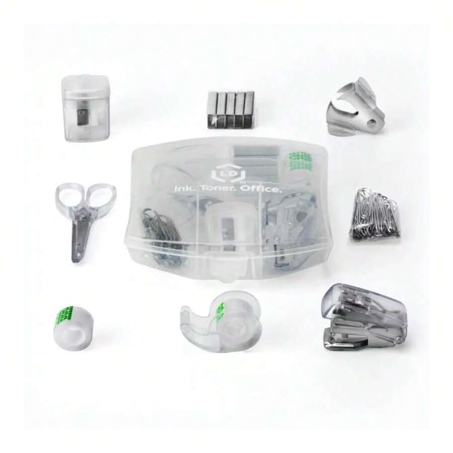 Products Clear Mini Office Supply Kit Portable Case With Scissors, Paper Clips, Tape Dispenser, Pencil Sharpener, Stapler & Staple Remover,Clear - 清除 - 查看 1