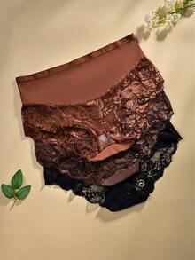 3pcs Plus Size Women Solid Color Lace Patchwork Comfortable Breathable Briefs - Nhiều màu - Xem 2