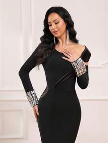 Love Aing 女士黑色长袖连衣裙，手工镶嵌水钻，奢华优雅晚礼服，亚克力刺绣，适合节日/新年/约会/派对，春/秋/冬皆宜。 - 黑色 - 查看 8