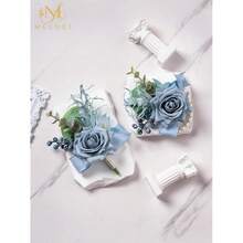 Meldel Dusty Blue Corsage And Boutonniere Set, Rose Boutonniere For Men, Prom Flower Wrist Corsage Bracelets, Homecoming Corsages Wristlet, Men Boutonnieres For Wedding Flowers Accessories Prom Suit,BlueWristCorsageandBoutonniereSet - 藍色手腕花和胸花套裝 - 查看 5