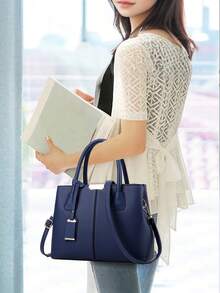 Womens Aesthetic Tote Bags Top-Handle HandBags Fashionable Shoulder Bags Medium Office Commuter Bags - 藏蓝色 - 查看 5