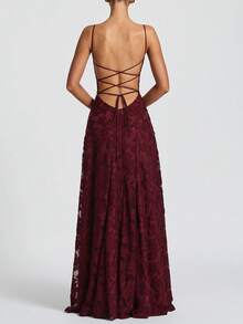 Unadoll Women's Lace Up Waist Cinching And Backless Lace Fabric Is Sexy And Elegant Red Winter Dress, Suitable For Vacations, Dates, Returning To School, Christmas, New Year, Thanksgiving, Parties, Weddings, And Beach Wear