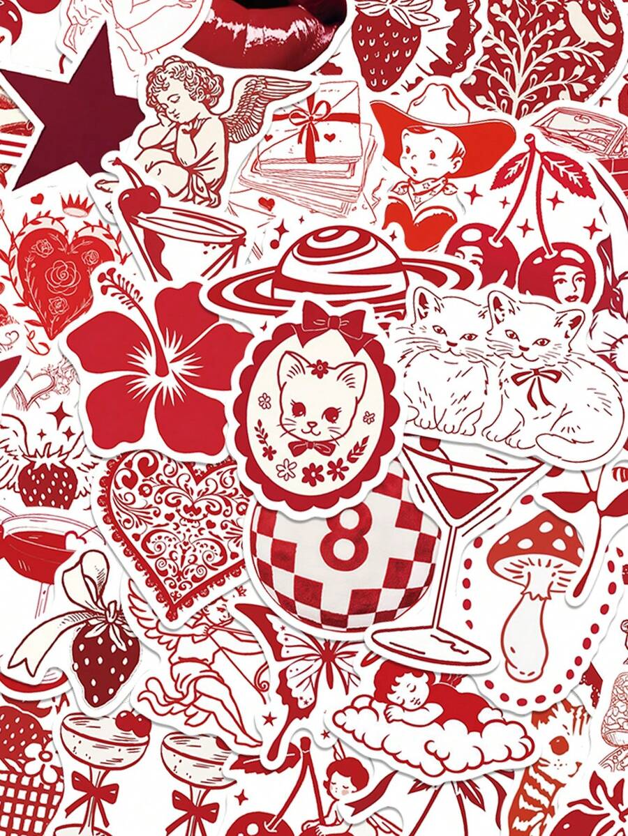50pcs Red Valentine's Day Sticker Aesthetic Cartoon Decals For Laptop Suitcase Guitar Diary Scrapbook Phone Sticker