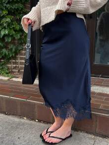 Women Silk Satin Half Slip Long Skirts Lace Patchwork Elastic Waist Long Skirt Elegant Silky Flowy A Line Midi Skirts - Màu xanh hải quân - Xem 3