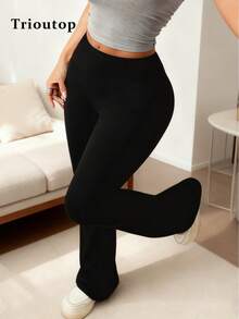 Trioutop Plus Size Flared Leggings With High Waist, Solid Color Sports Trousers For Yoga Running Fitness, All-Season Breathable Women's Clothing - Black - View 4