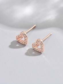 Cubic Zirconia Heart Design Stud Earrings Valentines - 玫瑰金色 - 查看 3