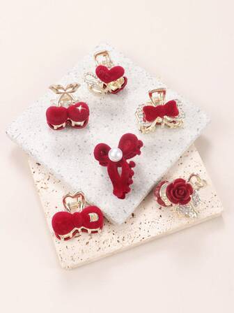 6 piezas de Clips de pelo elegantes con decoración de rosa roja romántica, lazo, cereza y corazón de rhinestone, clips de flequillo delicados adecuados para uso diario de mujeres, accesorios de invierno para el cabello, moda pinzas para el cabello