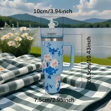 1pc,40 Oz H2.0 Cup,Camping Full Body Floral Pattern, 40oz Cup Stainless Steel Vacuum Insulated Tumbler With Lid And Straw For Water, Iced Tea Or Coffee, Smoothie And More, 40oz Reusable Double Walled Vacuum Insulated Stainless Steel Water Bottle With Handle For Outdoor Activities, ,  For Camping, Hiking, Can A Gift For Friends And Relatives - 40盎司蝴蝶結粉 - 查看 7