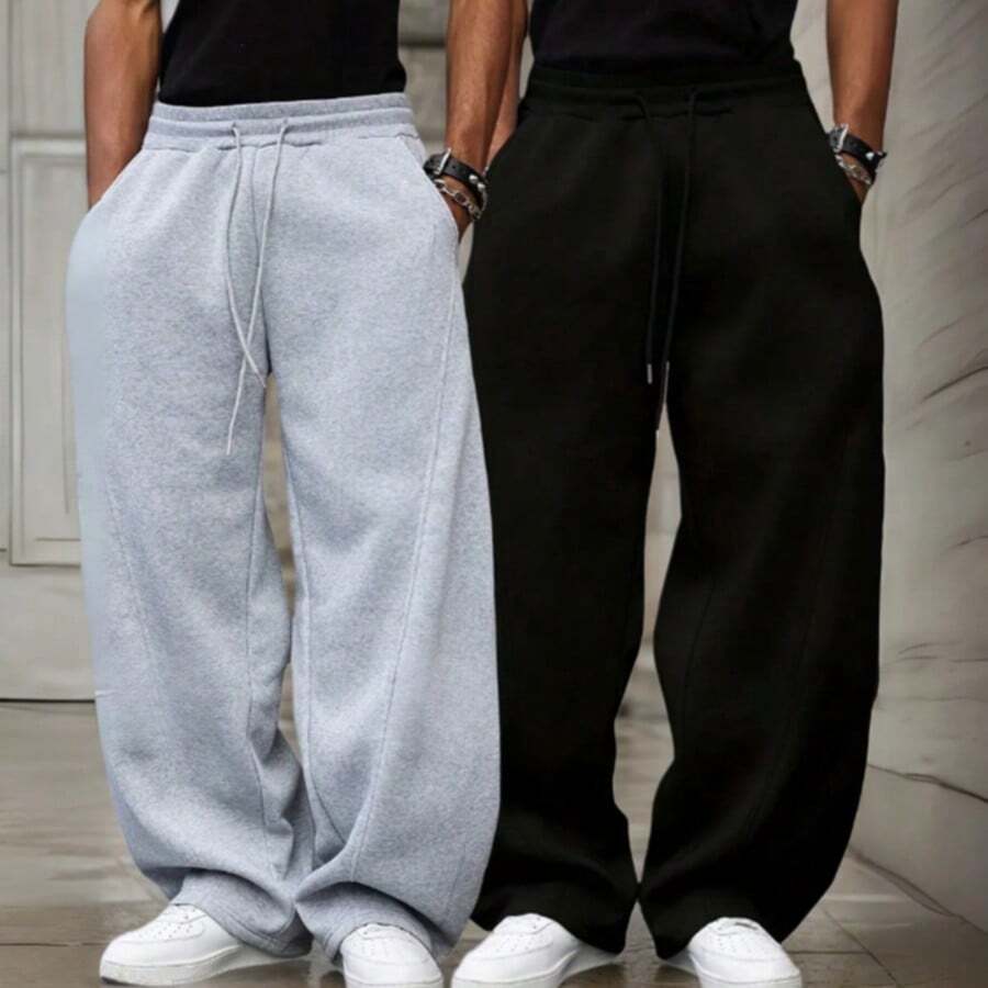 Kit Of 2 Widy Baggy Sweatpants, Straight Leg, Wide Leg, Flannel Lining With Pockets - Special Offer - New Arrival - 灰色/黑色 - 查看 1