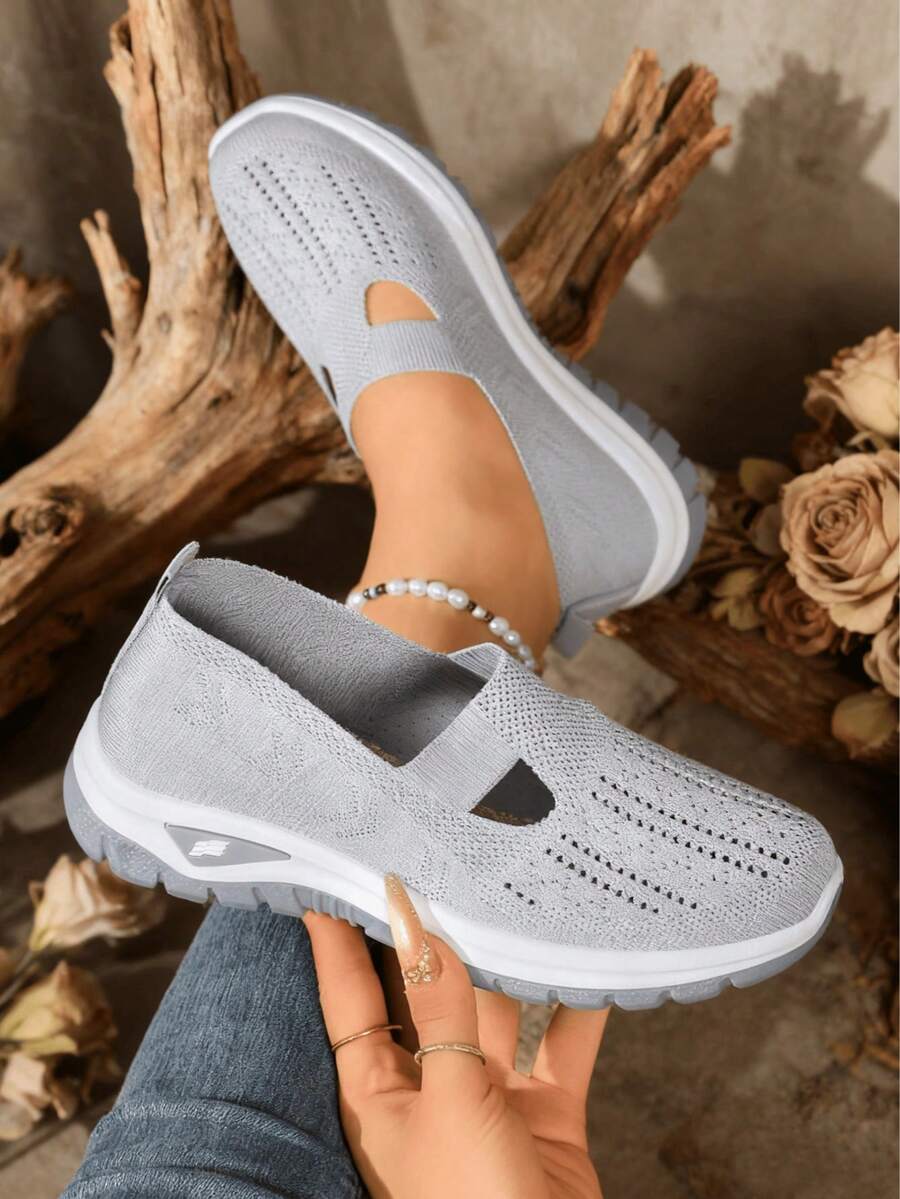 Round Toe Women Flat Shoes, Knitted Casual Ballet Flats, Breathable Summer Slip-On Loafers, Spring Comfy Versatile Flat Shoes, Bohemian Style In Black, Green, Grey, Purple, Suitable For EU Large Size, Summer Lightweight Mesh Casual Walking Shoes, Solid Color Slouchy Shoes - Xám - Xem 1