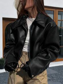 Oversized Faux Leather Jacket For Women - Multi-Color Options, Classic Lapel, Zipper Front,  Loose Fit, Chic & Edgy Outerwear - màu đen - Xem 2