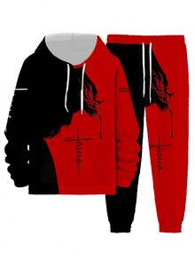 Men's 3D Printed Casual Sports Set - Long Sleeved Hooded Sweatshirt And Sweatpants, Machine Washable, Loose Fit, Polyester Fiber Blend Suitable For Fitness Training, Hooded Sweatshirt And Sweatpants Combination, Black And White Print - Red - View 3