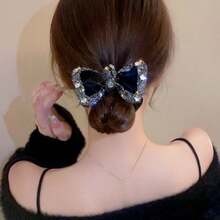 1pc Luxury Velvet Bow Tie Hair Ring With Shiny Rhinestones And Bow, Autumn And Winter Elegant Black And Hair Accessories, Party Hair Decoration, Accessories - Multicolor - View 6