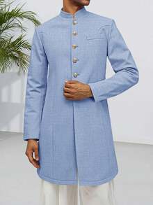 Runcati Mens Kurta Coats  Mandarin Collar Attire  Outfits Wedding Festive Party Clothing Casual Kaftan Robe - 淺藍色 - 查看 1