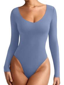 V Neck Long Sleeve Bodysuit - Comfy Double Lined Basic Top - Blue - View 1