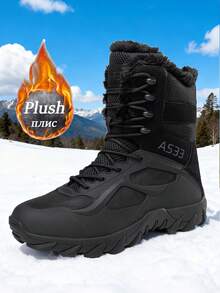 Winter Thick Plush Lined Men's Snow Boots, High-Quality Anti Slip Men's Hiking Boots, 2025 New Plus Size Shoes, Durable Anti Slip Hiking Shoes, Combat Training Boots, High Top Men's Autumn And Winter Boots, Men's Outdoor Hiking Shoes, Sports And Leisure Shoes, Long Boots, Black Boots, Gray Boots, Sand Boots, Brown Boots, Men's Cycling Boots, Suitable For Cold Weather In Autumn And Winter, Sizes 39-47 (Irregular Pattern) - Black - View 3