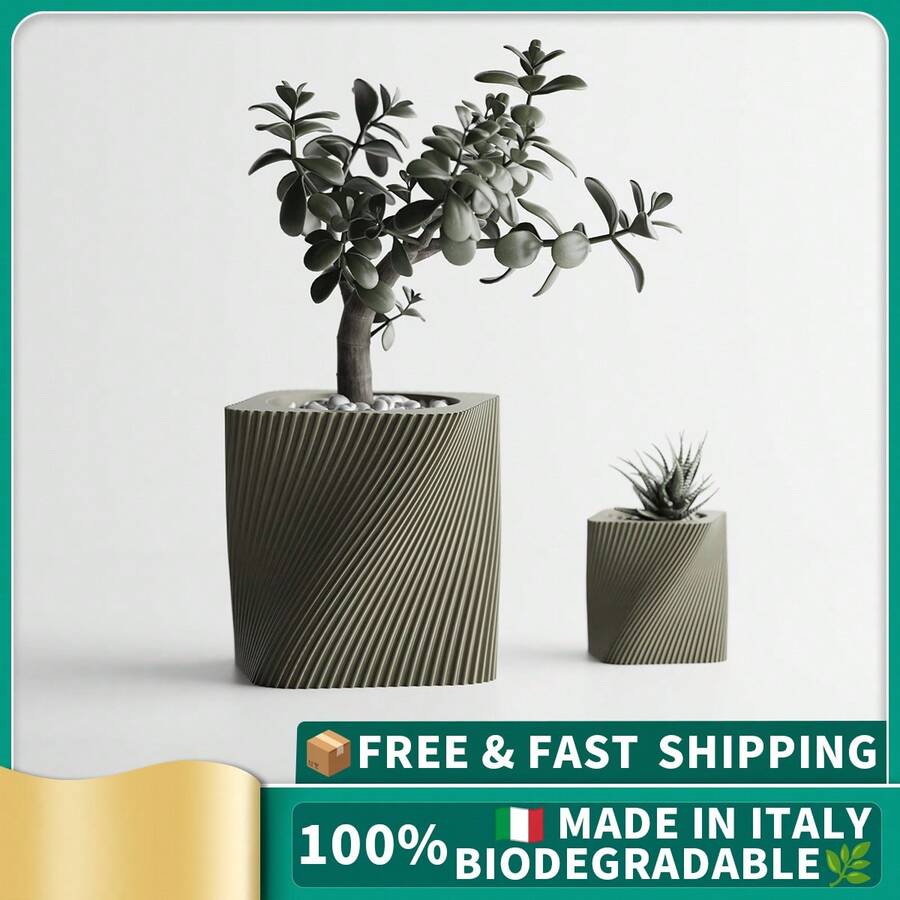 ORIZZONTE Modern Square Decorative Vase With Slanted Spiral Texture – Geometric Design For Succulents And Small Indoor Plants – Home/Office Gift Idea – Available In 2 Sizes – 100% Made In Italy, Shipping From Italy - Tanah liat - View 1