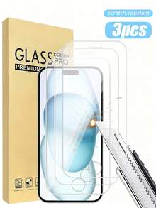 3片装全屏钢化玻璃屏幕保护膜，触控灵敏，防裂、防指纹、防气泡、防刮花，兼容 17、15、15 Pro、15 Plus、15 Pro Max、16 Pro Max、16、16 Plus、16 Pro、14 Pro Max、14、14 Plus、14 Pro、13 Pro Max、13、13 Pro、12、11、XR、XS、XS Max、6/7/8 Plus等机型。钢化玻璃材质，防护力强，经久耐用，适用于各种手机壳。