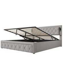 Polsterbett 180*200, Mit Downlight & USB-Schnittstelle, Mit Lattenrost Und Rautenstreifen-Kopfteil, Stauraumbett, Hydraulisches Polsterbett, Doppelbett, Lattenrost Aus Holz, Leinen, Grau - Grey - View 2