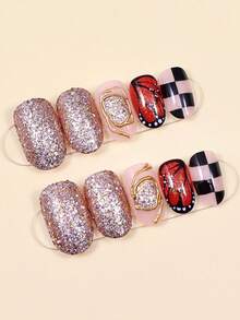 24 piezas de diseños de arte de uñas de otoño e invierno con mariposa monarca, patrones de líneas doradas y brillos a cuadros para uñas postizas cortas ovaladas - Multicolor - Ver 3