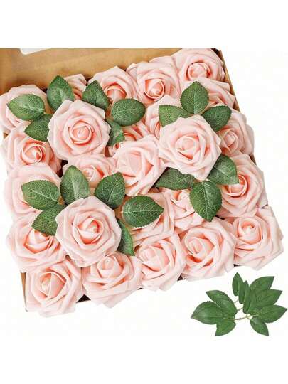 25/250pcs (1 Flower With 1 Leaf) Faux Ivory Foam Roses With Stems, Suitable For DIY Wedding Bouquets, Christening Centerpieces, Floral Art Decor, Party Table Home Decor (Packaging Not Included)