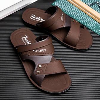 Men's Plus Size (Size 47, 48) Brown PU Leather Outdoor Sports Dual-Use Sandals, Non-Slip Soft Bottom Beach Slippers