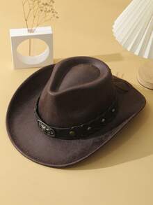 1pc Unisex Cattle Head & Belt Decor Handmade Panama Hat Wide Brim Cowboy Hat PU Cowgirl Hat Western Suitable Soft Felt Hat Fedora Hat - Coffee Brown - View 3