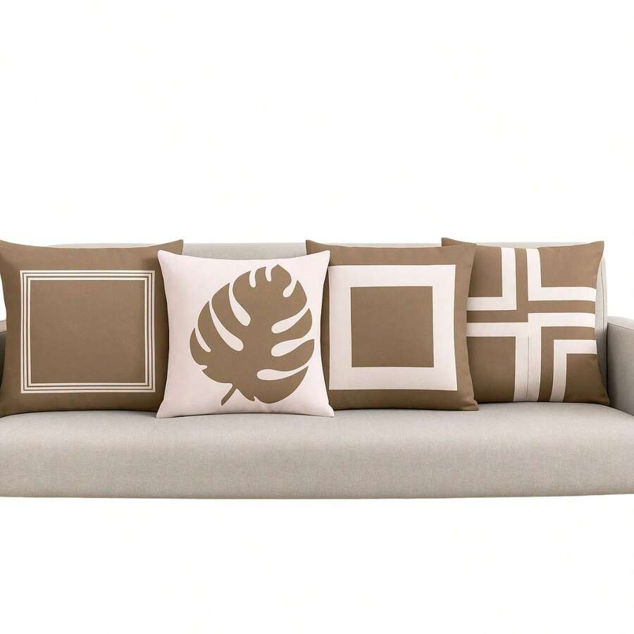 Basic, Simple Decorative Cushion Cover Set, 4 Pieces, Soft Silk Touch, For Sofa, Armchair, Bed - Beige - View 1