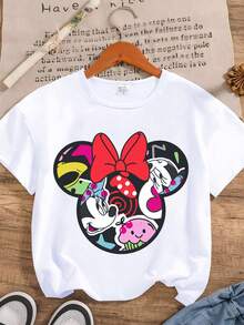 Disney Minnie Mouse Series Graphic Print Casual Fashion Short Sleeve T-Shirt, Slightly Stretchy, Opaque, Easy Care Fabric, Suitable For Daily Wear - White - View 1