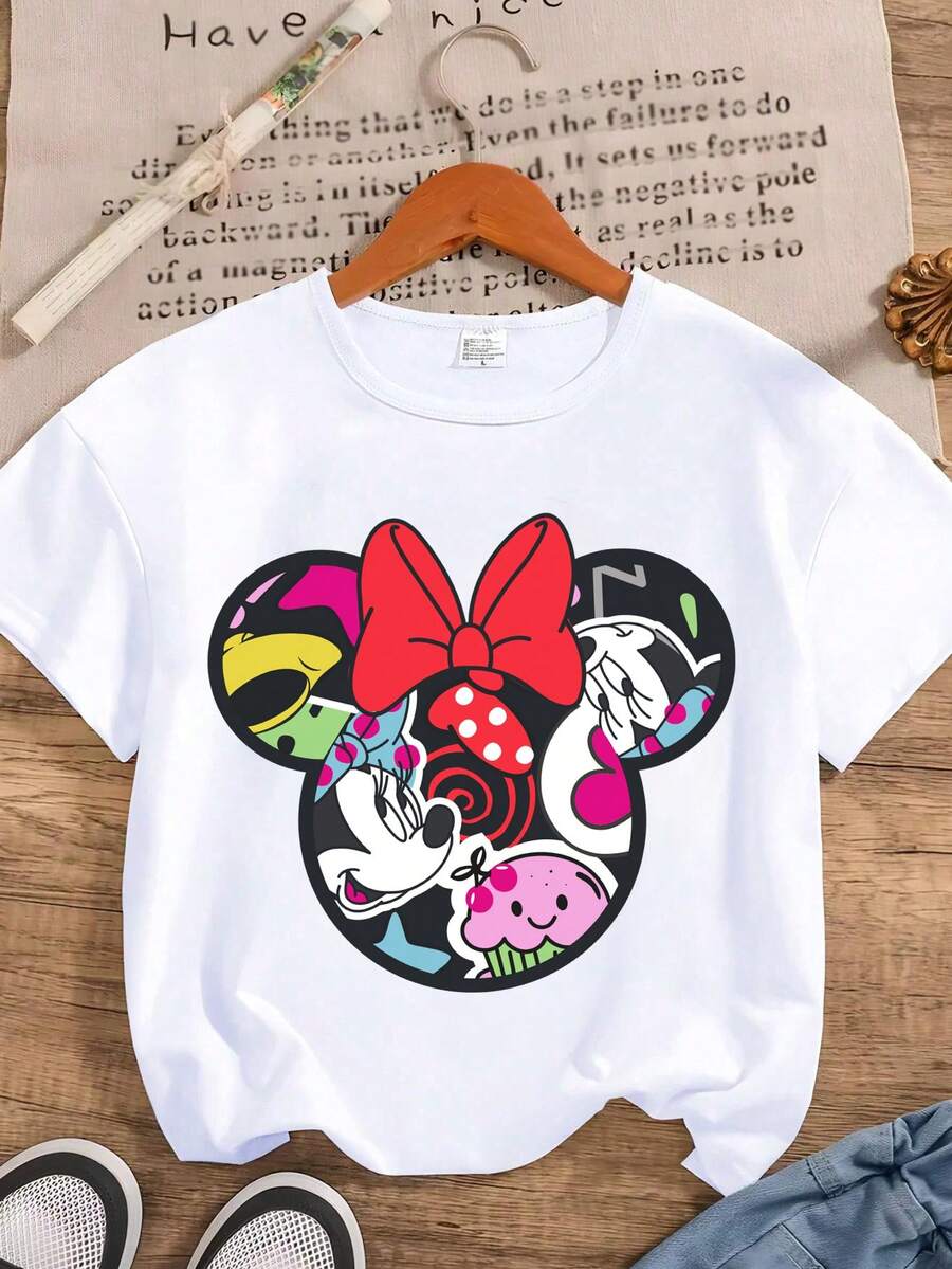Disney Minnie Mouse Series Graphic Print Casual Fashion Short Sleeve T-Shirt, Slightly Stretchy, Opaque, Easy Care Fabric, Suitable For Daily Wear - White - View 1