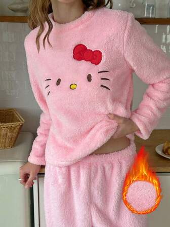 Sanrio 2pcs Hello Kitty Women Plush Crew Neck Long Sleeve Top + Elastic Waist Pants Cute Pajama Set, Fall & Winter Clothes