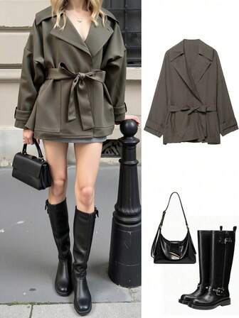 Women's Autumn/Winter Straight Waist Belt Casual Commuter Windbreaker Jacket