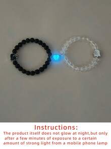 ATLVXJL 2pcs/Set Couple Glow-In-The-Dark Heart & Elf Finger Heart Black Transparent Bead Bracelet Set, Couple Jewelry For Daily Wear And Valentine's Day Gift - Multicolor - View 10